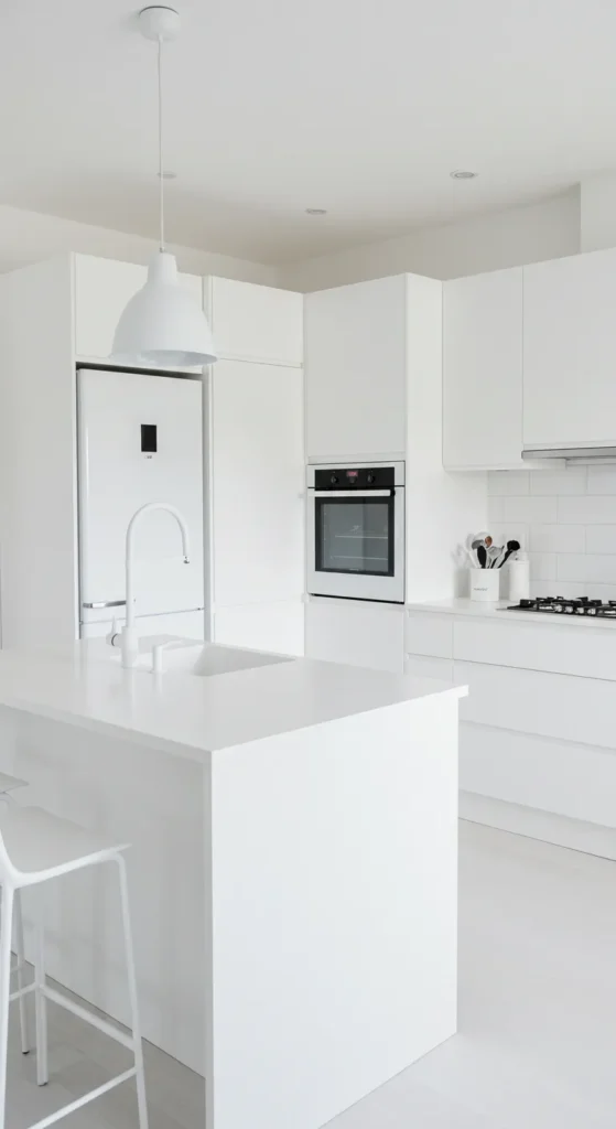 7 Elegant All White Kitchen Ideas to Refresh Your Space Modern white appliances in an all-white kitchen layout