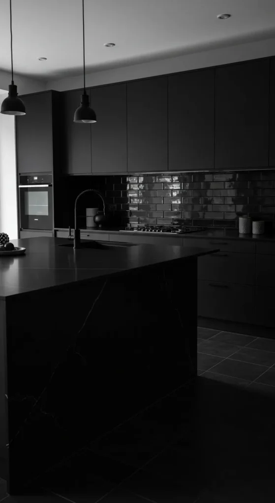 8 Stunning Black Kitchen Ideas That Ooze Chic Style Monochrome black kitchen with glossy cabinets and quartz counters