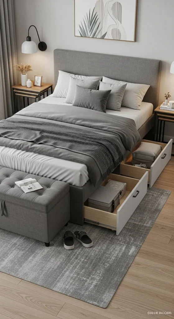 Multi-functional furniture in a small bedroom for hidden storage