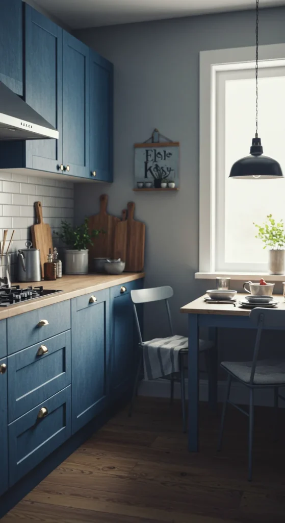 7 Blue Kitchen Ideas to Inspire a Cabinet Refresh Muted denim blue cabinets with wood accents and gray walls