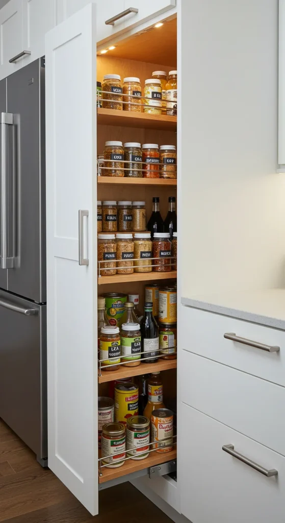 10 Kitchen Pantry Designs for a Clutter-Free Kitchen Narrow pull-out pantry with organized spices and jars