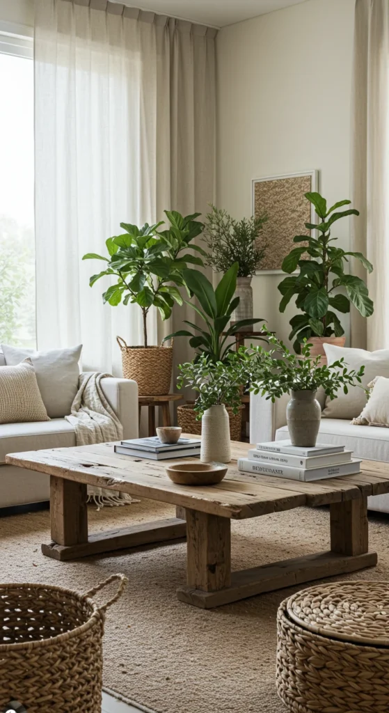 6 Inspirational Living Room Decor Ideas Nature-inspired living room with plants and wood textures