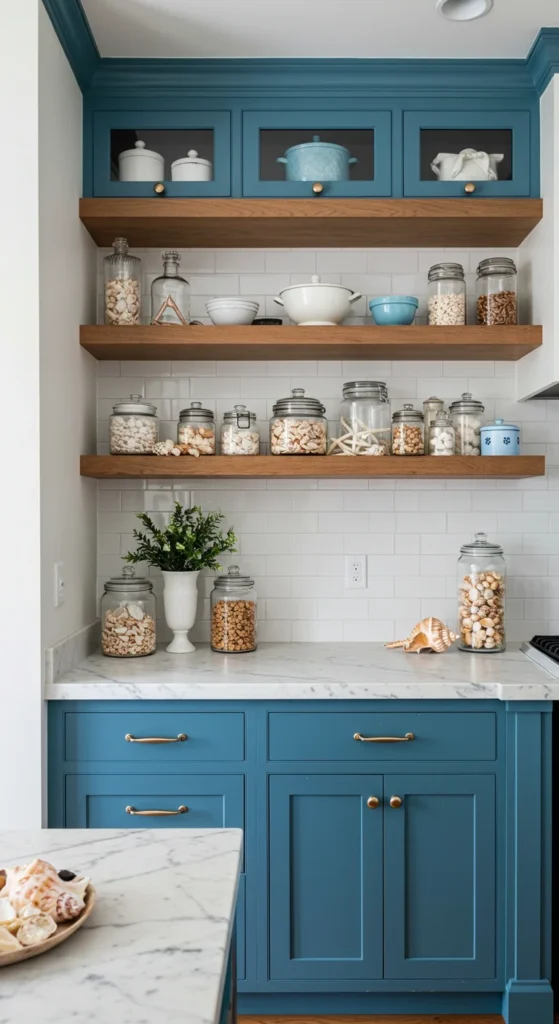7 Blue Kitchen Ideas to Inspire a Cabinet Refresh Nautical blue cabinets with white countertops and coastal decor
