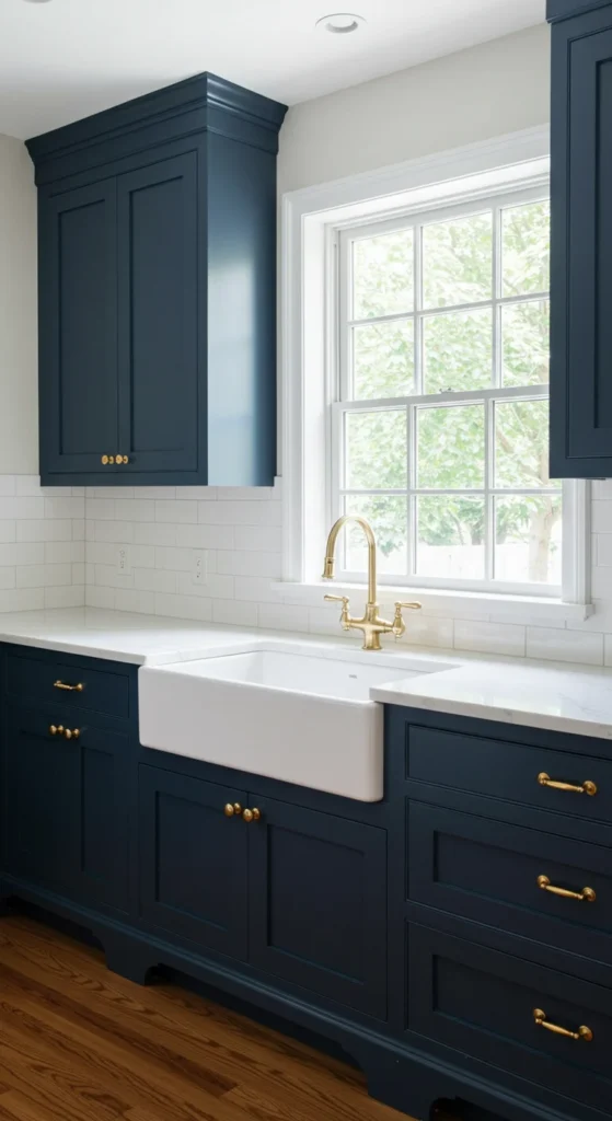 7 Blue Kitchen Ideas to Inspire a Cabinet Refresh Navy blue cabinets with gold handles and white tile backsplash