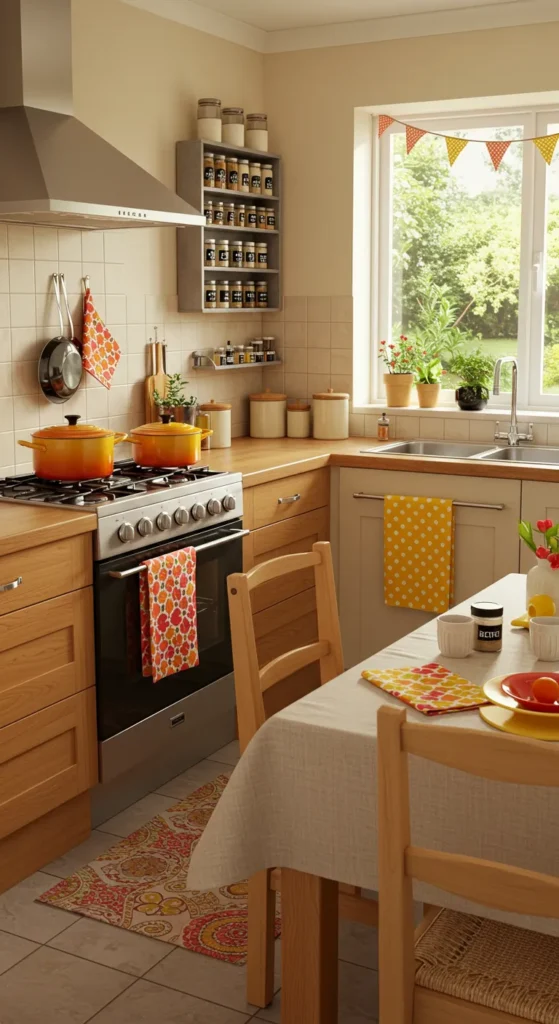 6 Best Cost-Effective Modular Kitchen Design Ideas Neutral kitchen with vibrant accessories and colorful cookware