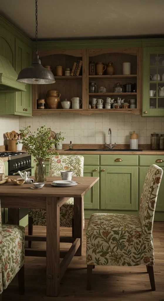 7 Green Kitchen Cabinet Ideas You’ll Want to Copy Olive green kitchen with rustic wood and earthy decor