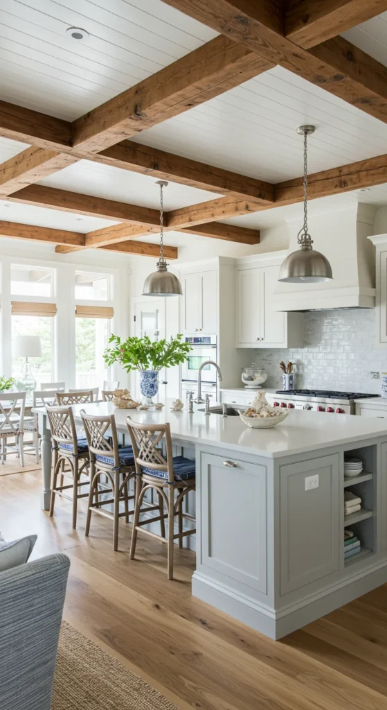 Open-concept kitchen with island and coastal accents