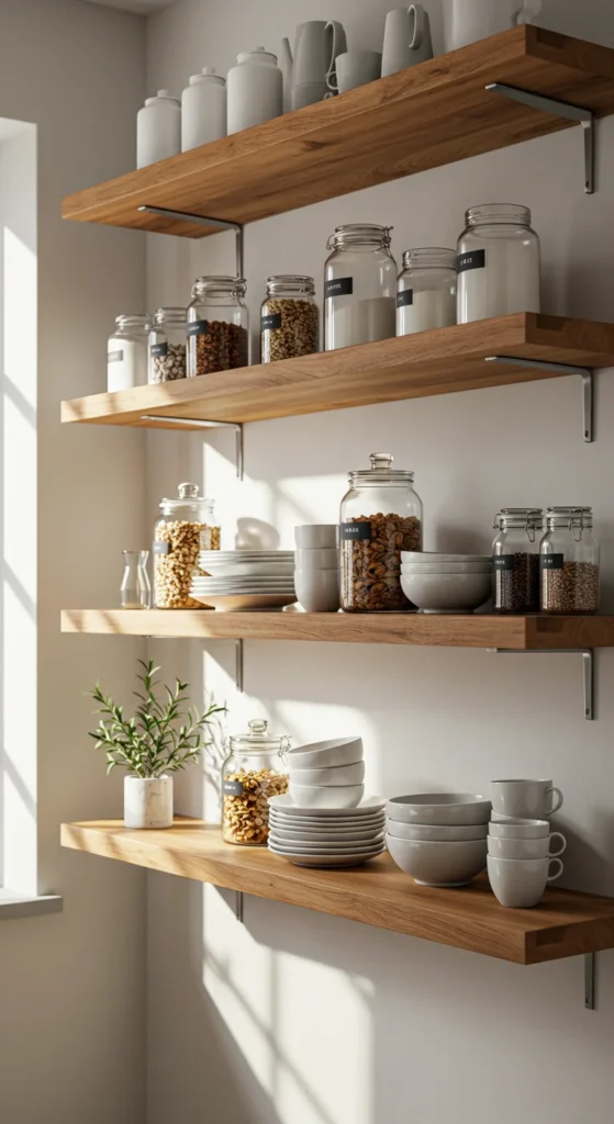 10 Kitchen Pantry Designs for a Clutter-Free Kitchen Open kitchen shelves with neatly arranged jars and dishes