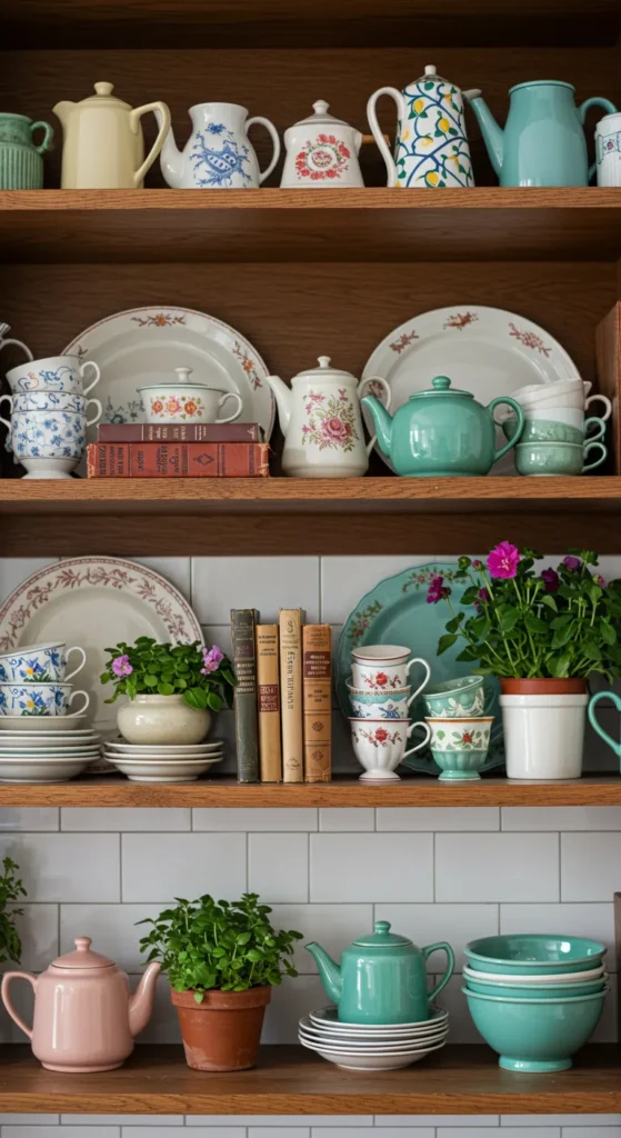 6 Vintage Kitchen Trends That Are Back in Style Open kitchen shelves with vintage dishware and cookbooks