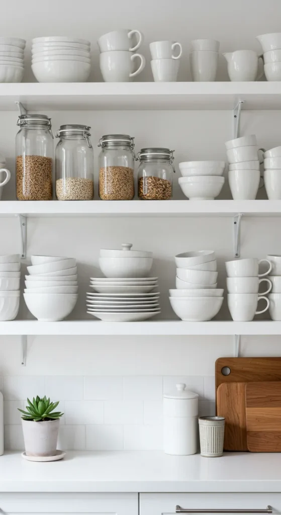 7 Elegant All White Kitchen Ideas to Refresh Your Space Open kitchen shelves with white dishware and glassware
