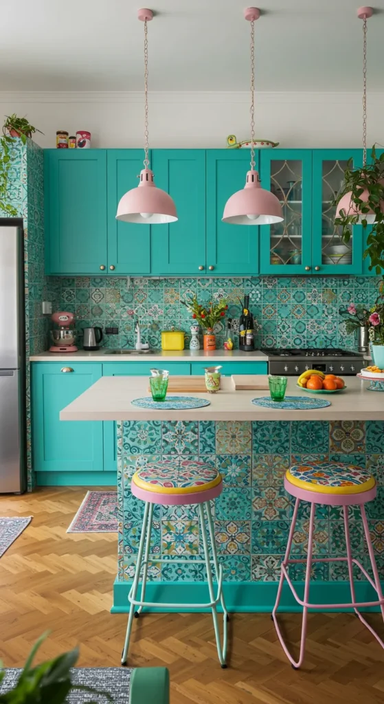 7 Open Kitchen Ideas for Modern, Stylish Homes Open kitchen with teal cabinets and colorful accents