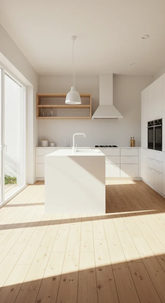 7 Elegant Minimalist Kitchen Ideas for a Modern Look Open-layout kitchen with floating shelves and airy design