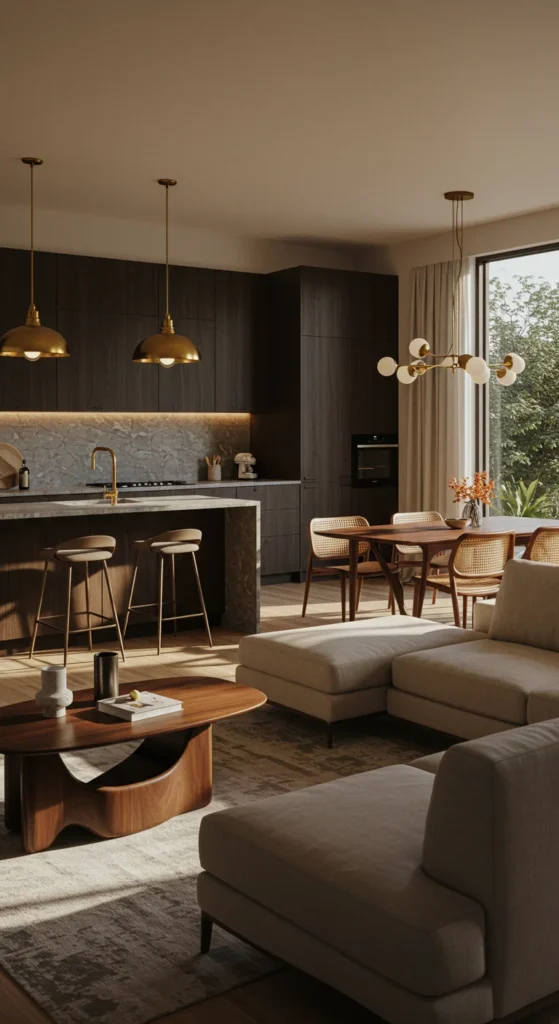 7 Mid-Century Modern Kitchen Fixture Ideas to Try Open-plan mid-century kitchen connected to dining and living area