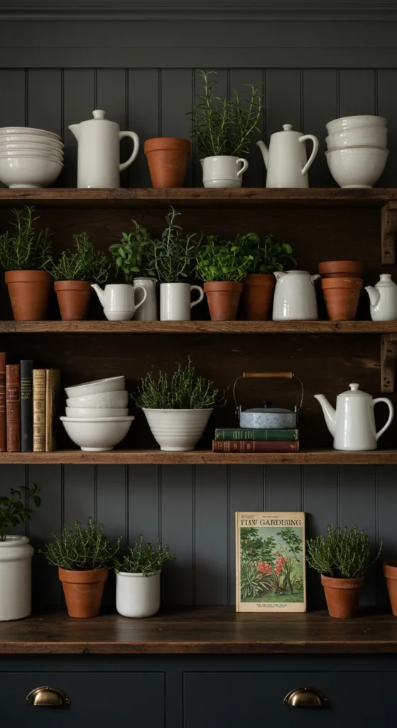 8 Irresistible Moody Kitchen Ideas Open shelves with ceramics and herbs in a dark kitchen