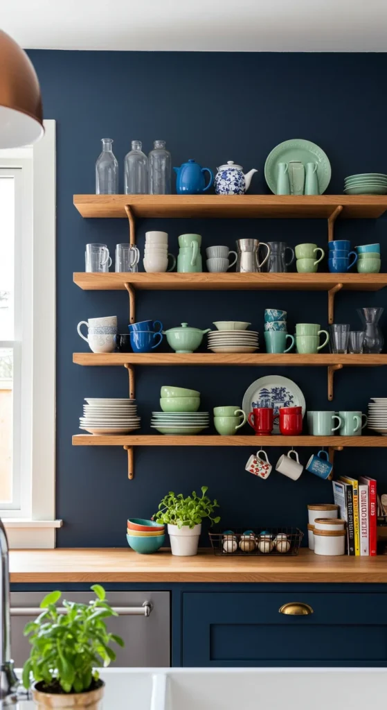 8 Kitchen Accent Wall Ideas Open shelves with colorful decor on a navy accent wall