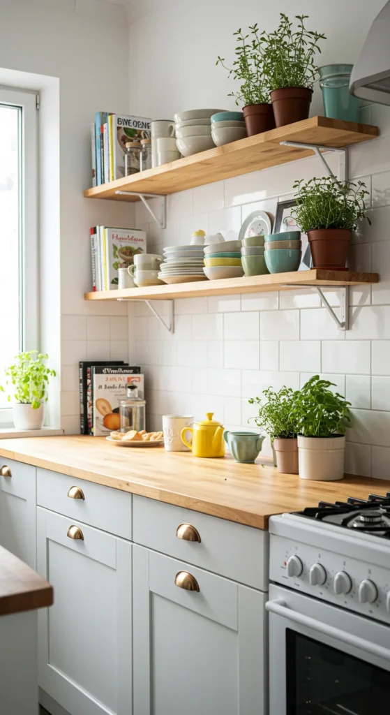 7 Small Kitchen Decor Ideas That Don’t Skip On Style Open shelving in a small kitchen displaying colorful dishes and plants
