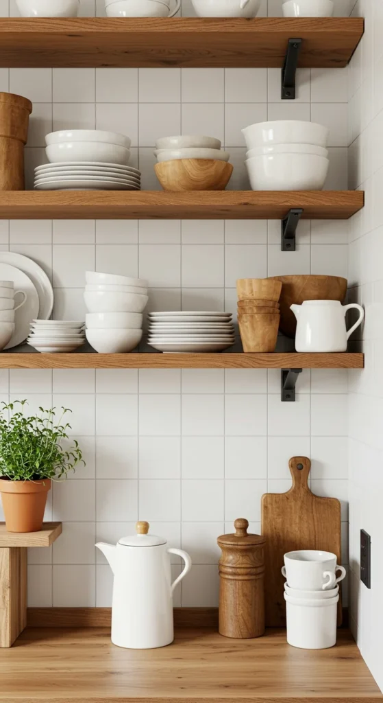10 Creative Mini Kitchen Ideas for Small Spaces Open shelving in a small kitchen with dishes and herbs