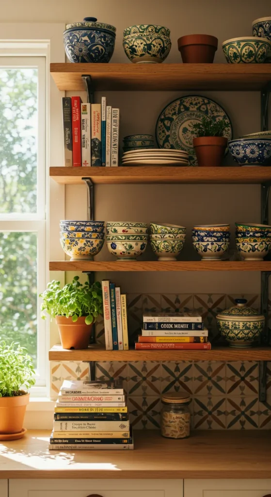 9 Beautiful Boho Kitchen Ideas You Need To Try Open wood shelves in a boho kitchen with ceramics and plants