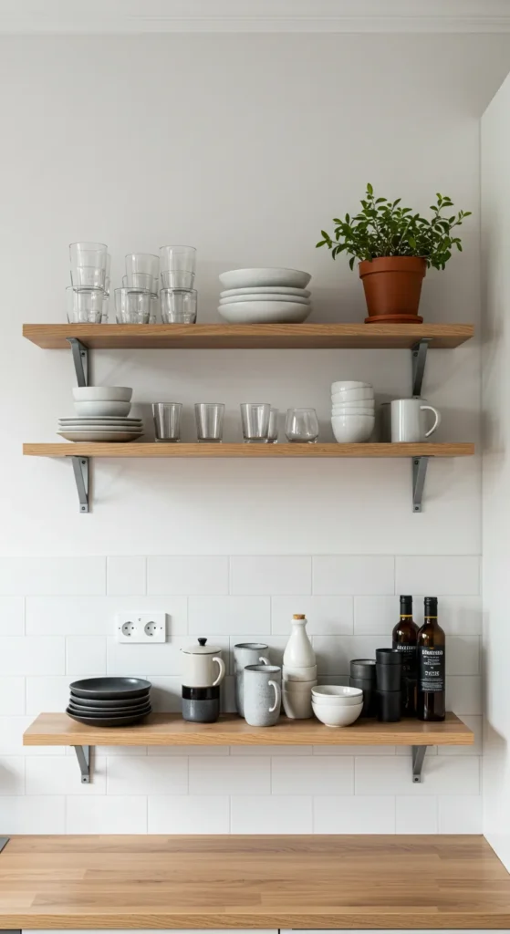 8 Minimalist Kitchen Organization Ideas For A Chic Space Open wooden kitchen shelves with minimal dish display