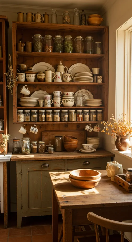 6 Cozy Country Kitchen Tips for a Rustic Makeover Open wooden shelves in a rustic kitchen with dishware