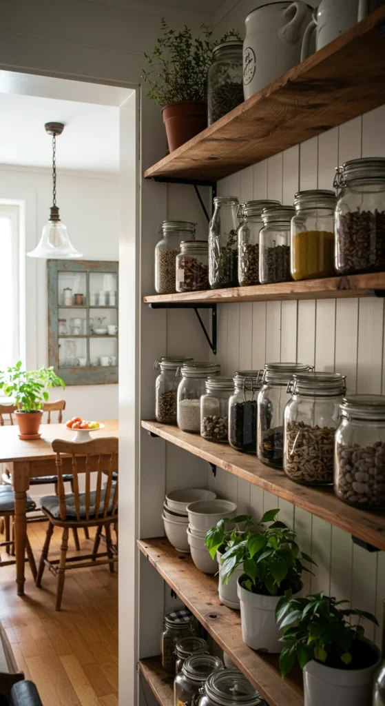 8 Small Cottage Kitchen Ideas to Love Open wooden shelves with ceramics and plants in a cottage kitchen