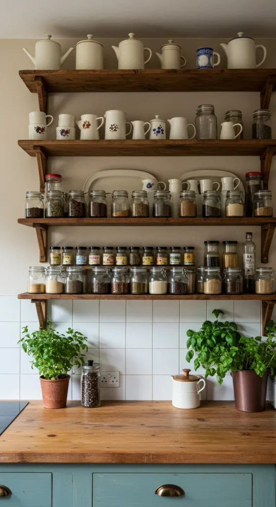 8 Kitchen Shelving Ideas for Stylish Storage Open wooden shelves with spices and dishes in a farmhouse kitchen