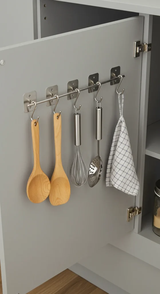 10 Creative Mini Kitchen Ideas for Small Spaces Organized cabinet door with hooks for utensils