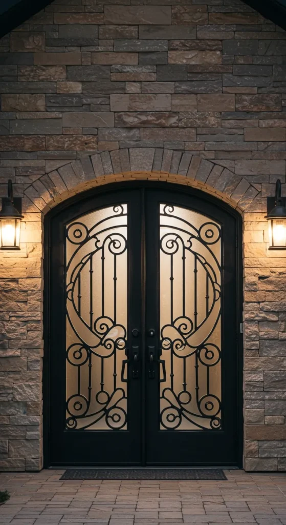 10 Double Door Entrance Ideas to Boost Your Home's Curb Appeal Ornate Iron and Glass Combo