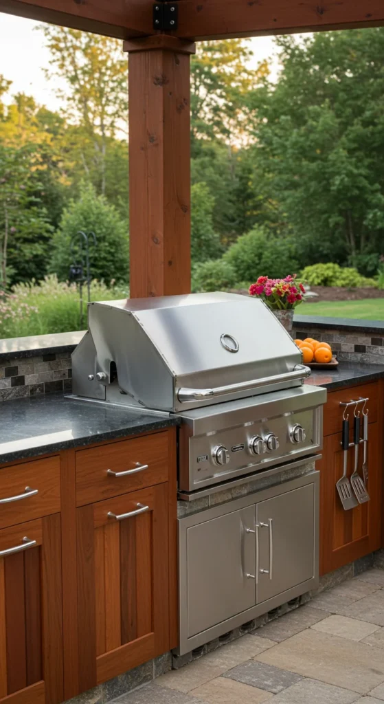 9 Inspiring Backyard Kitchen Ideas You'll Love Outdoor classic grill station with built-in stainless grill and counters
