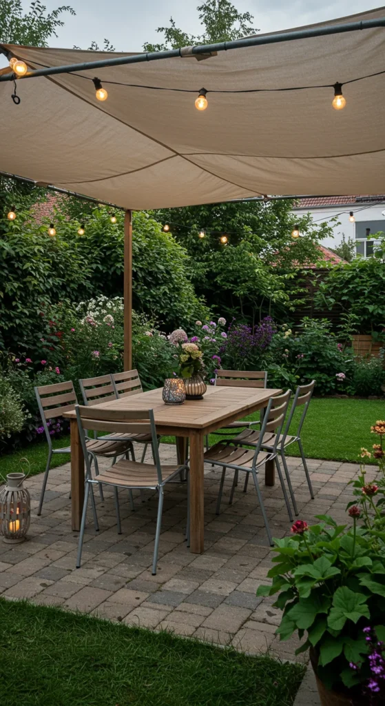 9 Inspiring Backyard Kitchen Ideas You'll Love Outdoor dining table set under canopy with string lights