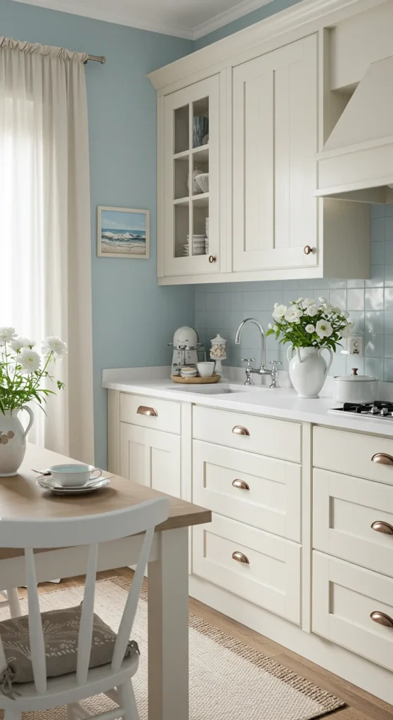 8 Warm Color Palettes for Apartment Kitchens Pastel blue and cream kitchen with calm coastal feel