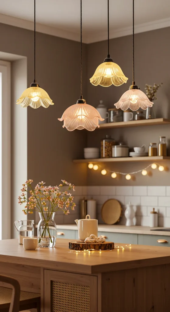 6 Spring Kitchen Island Decor Ideas to Refresh Your Space Pastel pendant lights and spring accents over kitchen island