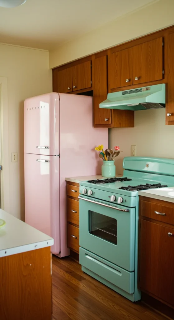 7 Mid-Century Modern Kitchen Fixture Ideas to Try Pastel retro appliances in a mid-century modern kitchen