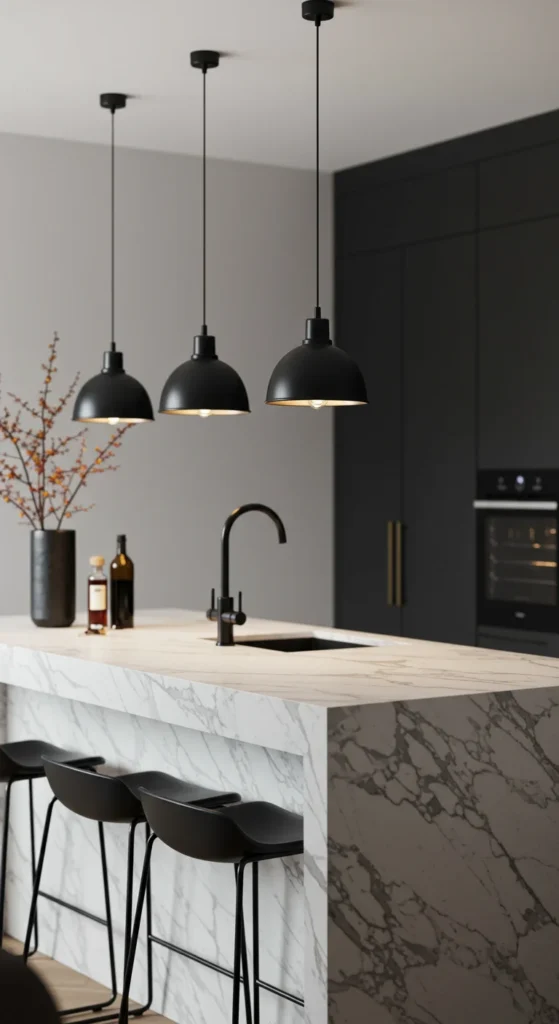 7 Kitchen Lighting Ideas for Style & Practical Use Pendant lights above a kitchen island with marble counter