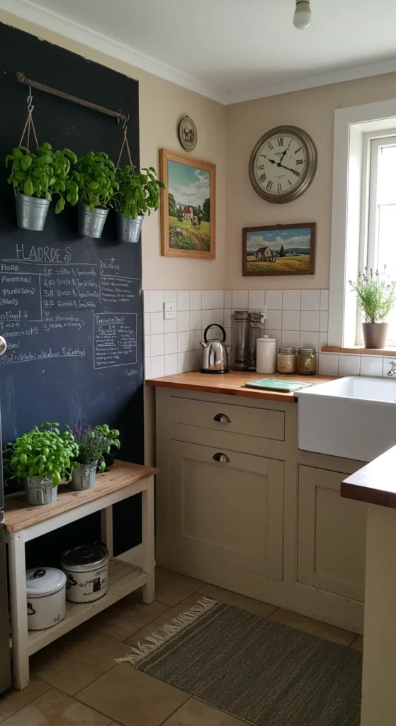 8 Small Cottage Kitchen Ideas to Love Playful decor with chalkboard and plants in a small kitchen