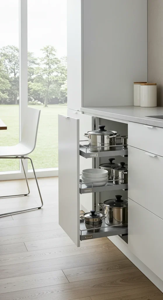 10 Creative Mini Kitchen Ideas for Small Spaces Pull-out corner cabinet with organized cookware