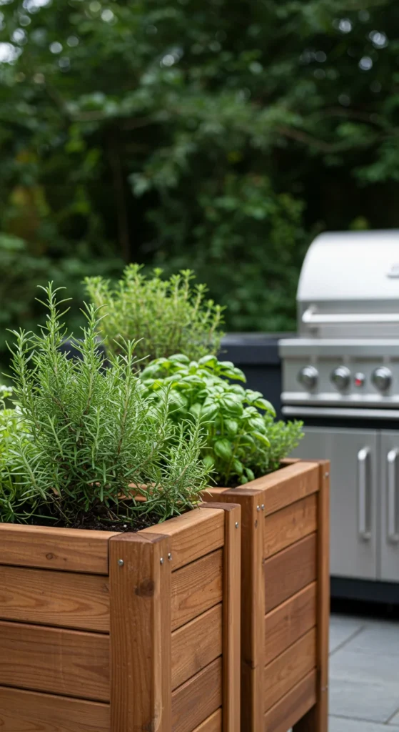 9 Inspiring Backyard Kitchen Ideas You'll Love Raised herb garden with labeled planters near kitchen area