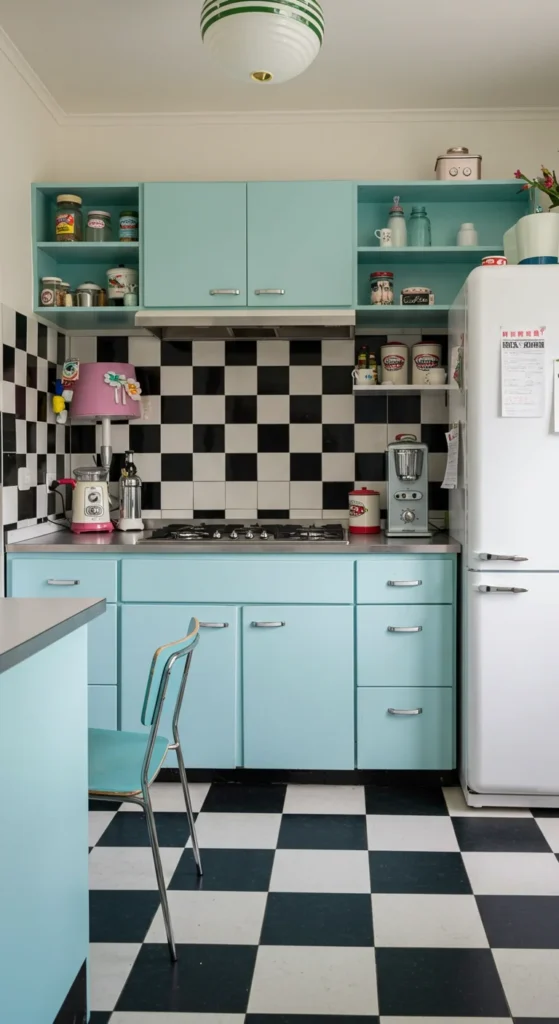 7 Classic Kitchen Flooring Ideas That Never Go Out of Style Retro kitchen with black and white ceramic tile flooring and pastel cabinets