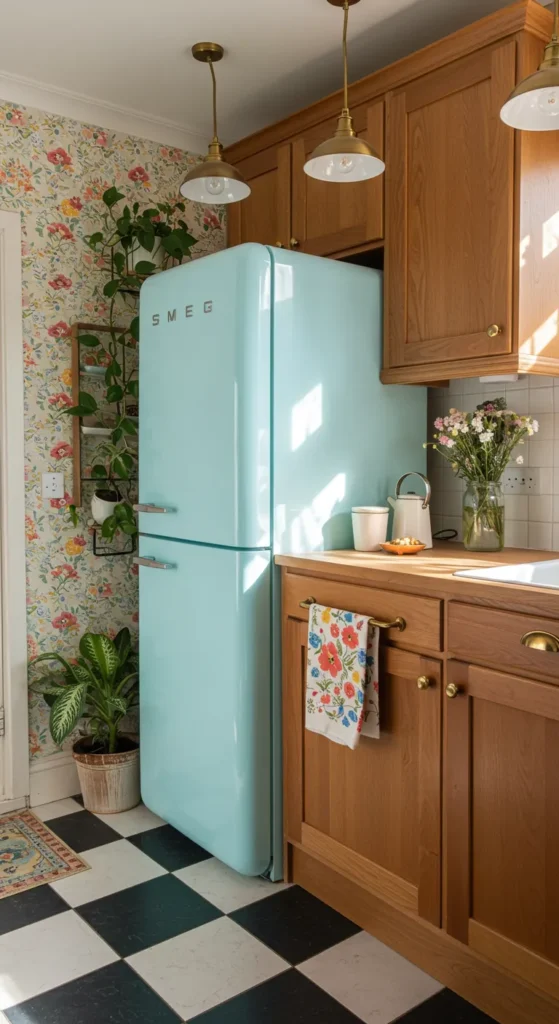 Retro kitchen with checkerboard floor and vintage fridge