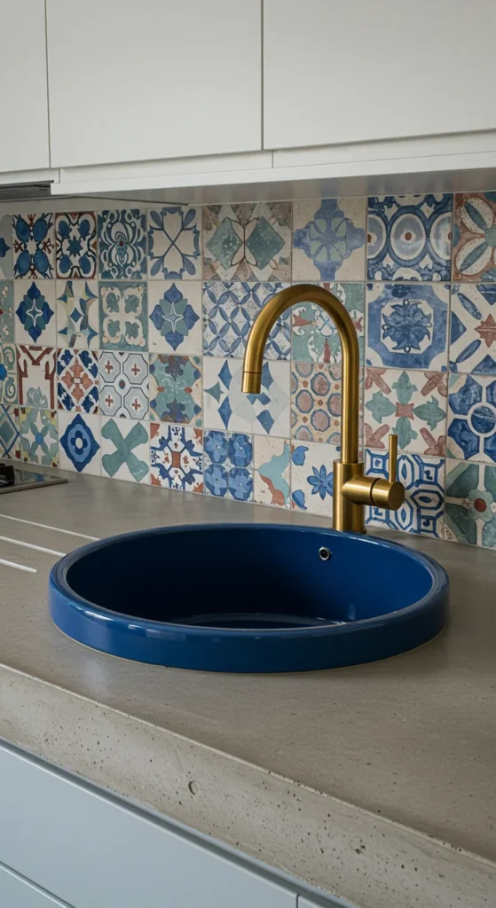 7 Stylish Kitchen Sink Ideas to Transform Your Space Round blue statement sink with gold faucet in eclectic kitchen