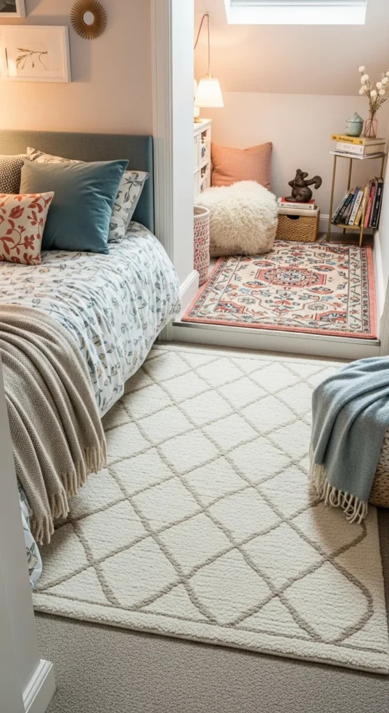 Rugs create distinct zones in a compact bedroom layout