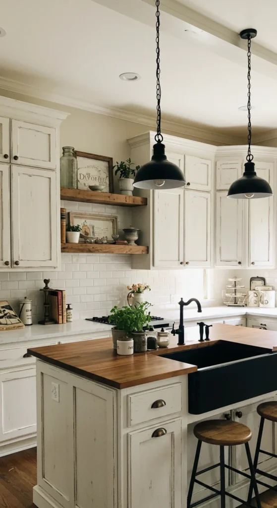 6 Stylish Black and White Kitchen Design Ideas Rustic kitchen with black island, white distressed cabinets, and wood accents