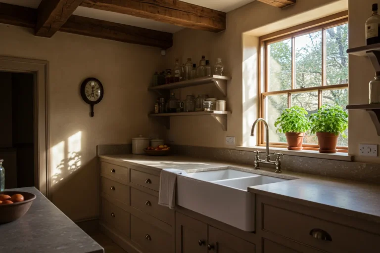 Rustic kitchen with exposed beams, stone, and farmhouse charm