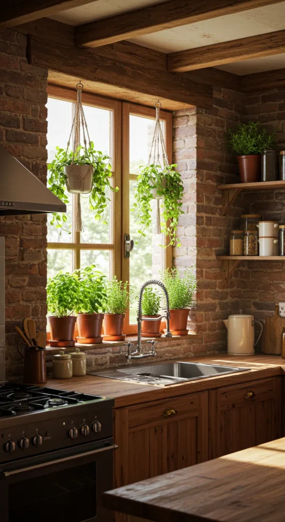 7 Rustic Kitchen Ideas for a Cozy, Timeless Look Rustic kitchen with herbs and hanging plants