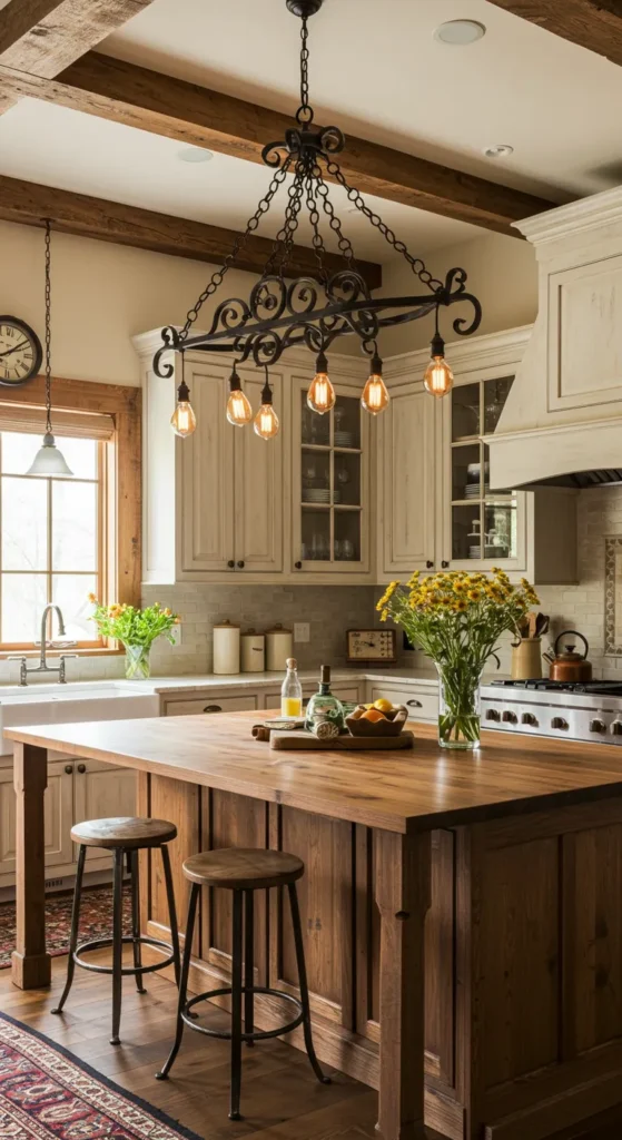 7 Rustic Kitchen Ideas for a Cozy, Timeless Look Rustic kitchen with iron chandelier and pendant lights