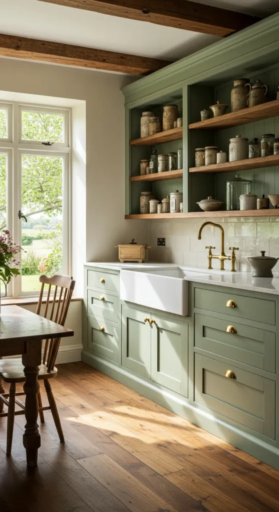 6 Trending Kitchen Cabinet Color ideas for Modern Homes Rustic kitchen with sage green cabinets and wooden shelves