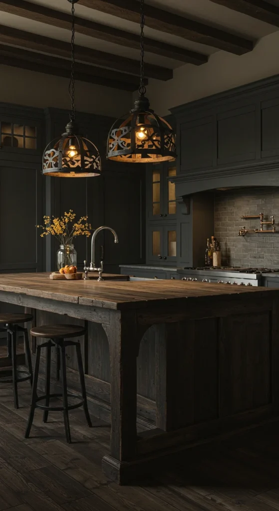8 Irresistible Moody Kitchen Ideas Rustic pendant lights over farmhouse kitchen island