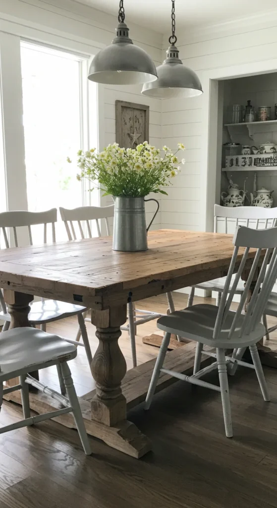 7 Beautiful Kitchen Table Ideas to Upgrade Your Dining Area Rustic wood farmhouse table with mismatched chairs and flowers