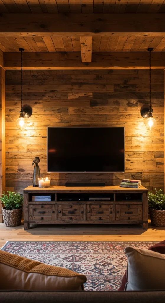 7 Stylish Living Room TV Wall Ideas You’ll Love Rustic wood wall with a mounted TV in cozy living room