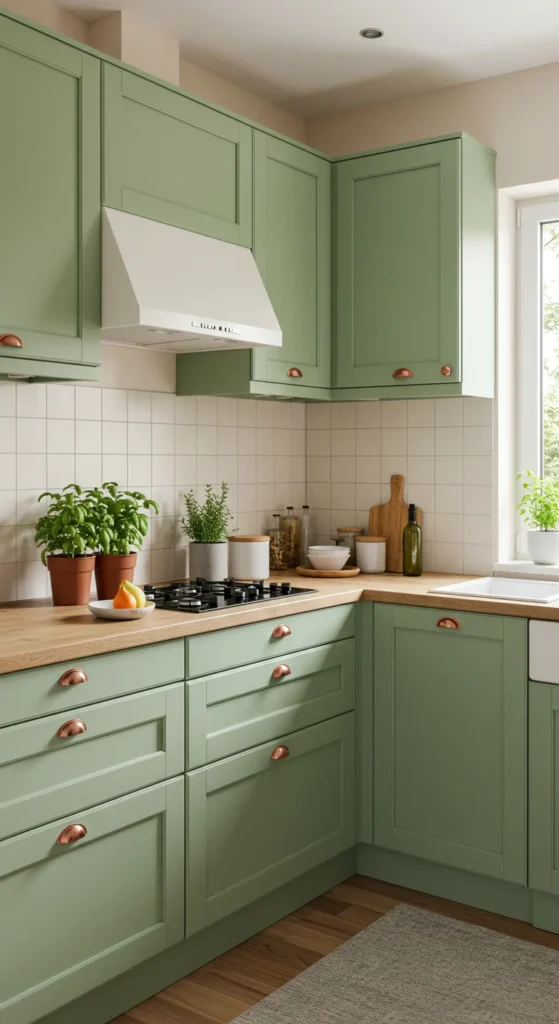 8 Warm Color Palettes for Apartment Kitchens Sage green and cream apartment kitchen with plants